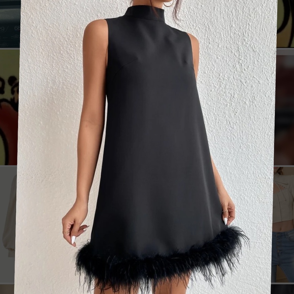 Feather trim high neck dress